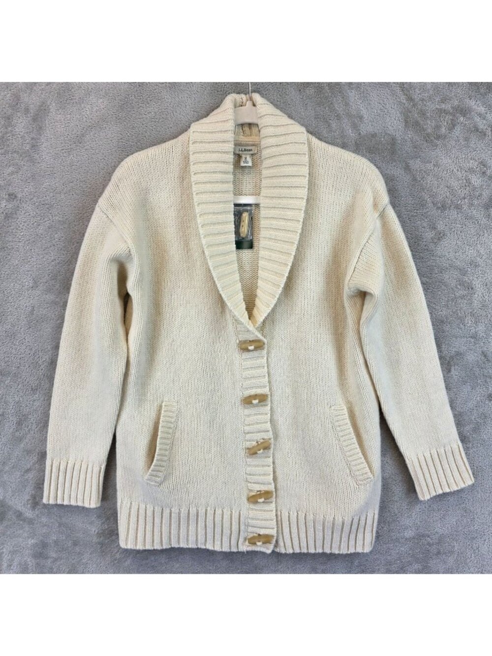 L.L. Bean Cardigan Sweater Womens M Cream Lambswool Shawl Collar Chunky Knit